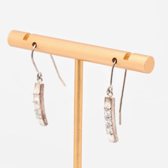 Vintage Sterling Silver White CZ Dangle Fish hook Earrings - Picture 7 of 7